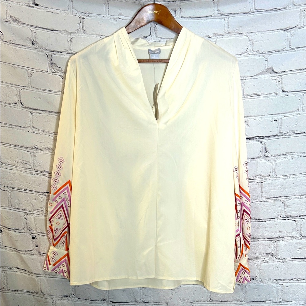 Chico’s Cream Orange Pink Embroidered Long Sleeve Blouse Size 12